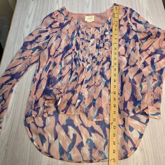 Maeve Anthropologie Silk Blouse SZ 4 Sheer Pink Blue Purple Abstract Long Sleeve - Picture 13 of 13